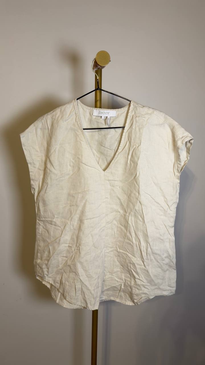 DKNY Women’s V‑Neck Linen Cap Sleeve Top Beige M NWOT $79
