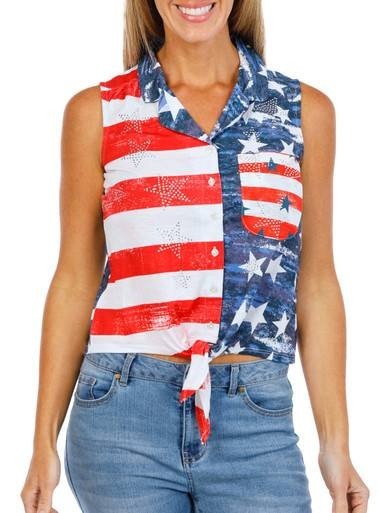 Thomas & Olivia Sleeveless Flag Button‑Front Shirt Red Multi L NWT $26