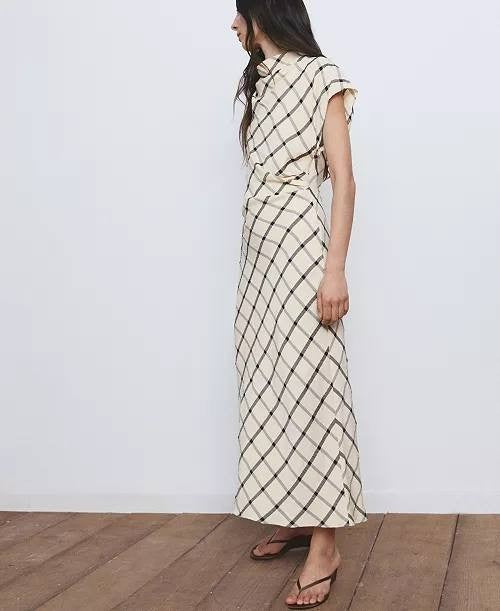 Mango Women’s Draped Neckline Checked Dress Beige XL NWT $100