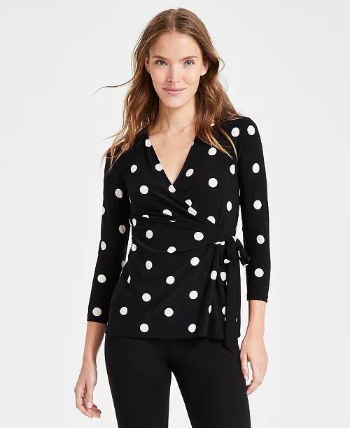 Anne Klein Women’s Printed Tie‑Waist Surplice Top Black/White Dot M NWOT $69