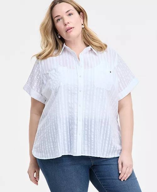 Tommy Hilfiger Plus‑Size Cotton Shadow‑Striped Camp Shirt–White–Size 2X–NWT–$69